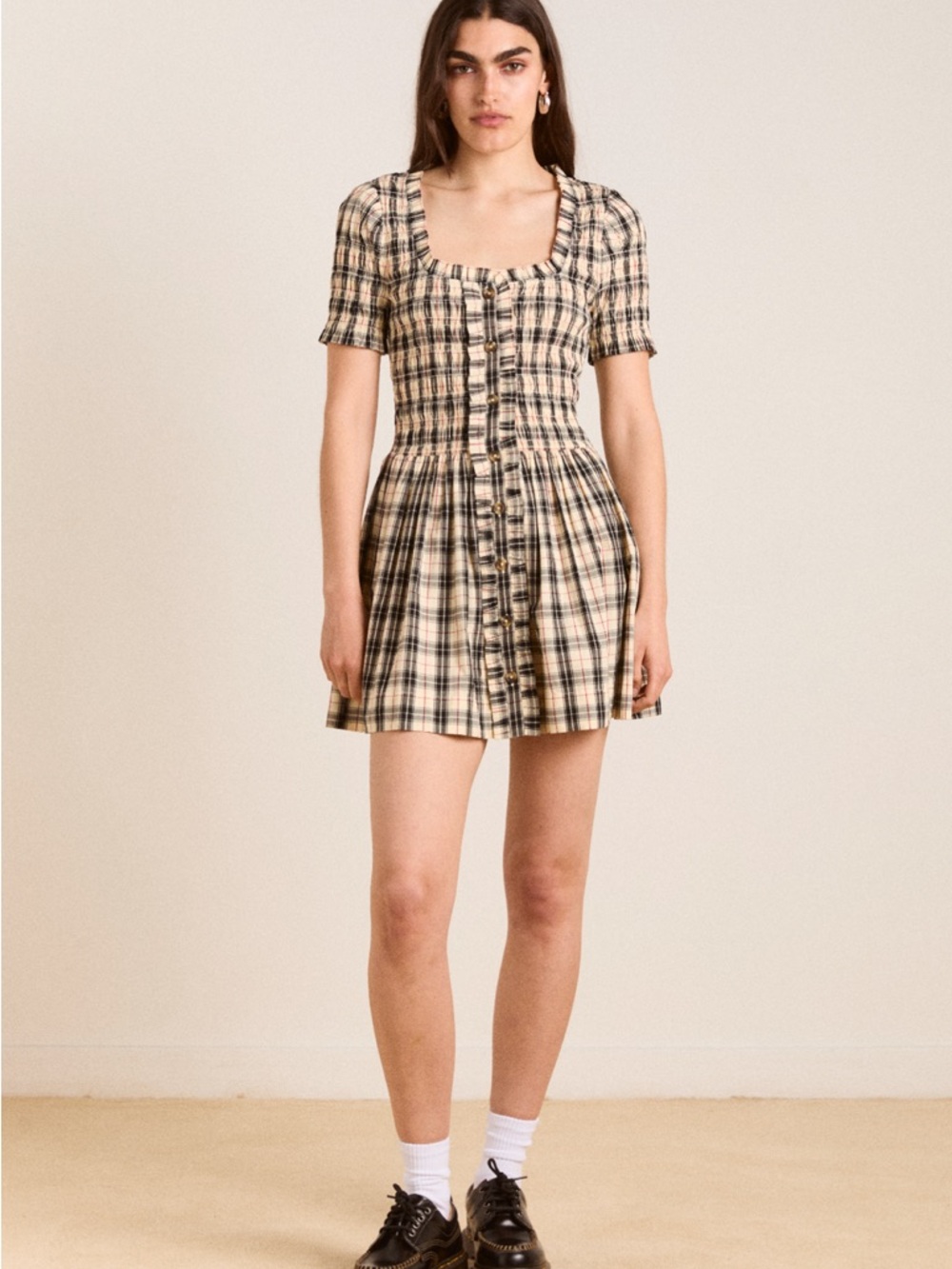 Damson Madder Plaid Square-Neck Short Sleeve Mini Dress - Beige/Black